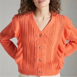Anthropologie Tabitha Orange Ruffle Cable-Knit V-Neck Cardigan, size XS